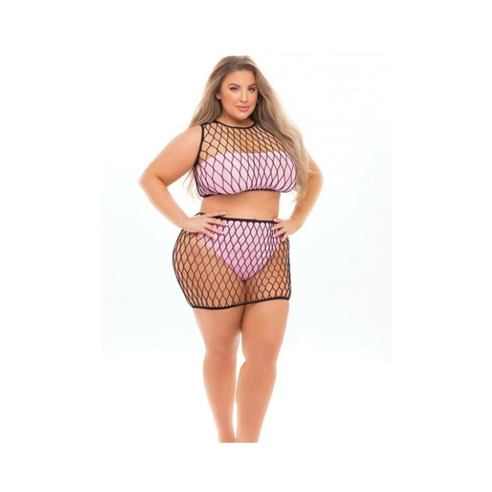 Pink Lipstick Crave You Large Fshnet Cami Top, Skrt, Bandeau Top & Pnty (fits Up To 3x) Pink Qn