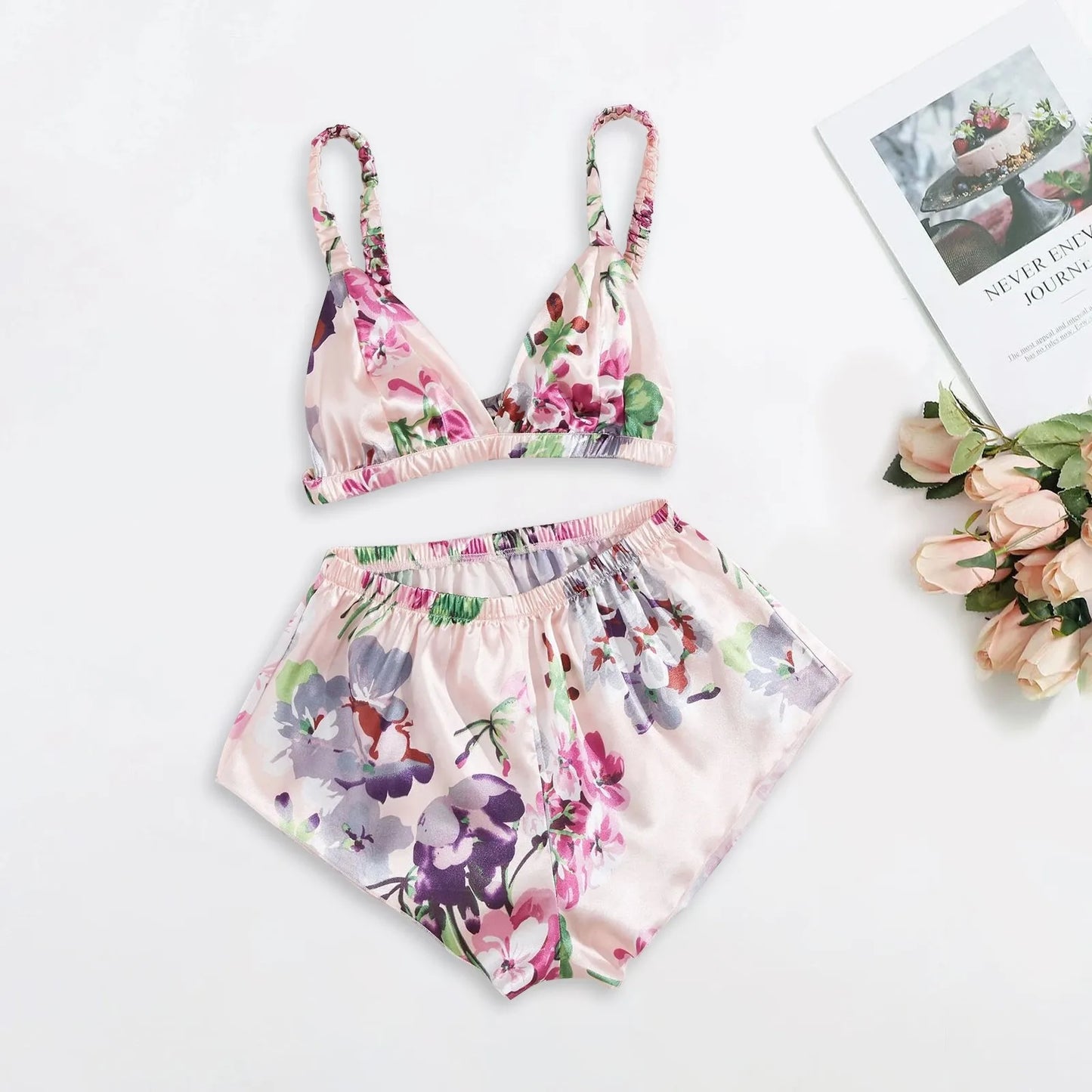 Lingeries Sets Sexy Satin Silk Lingerie Sleepwear Flower Printing Underwear