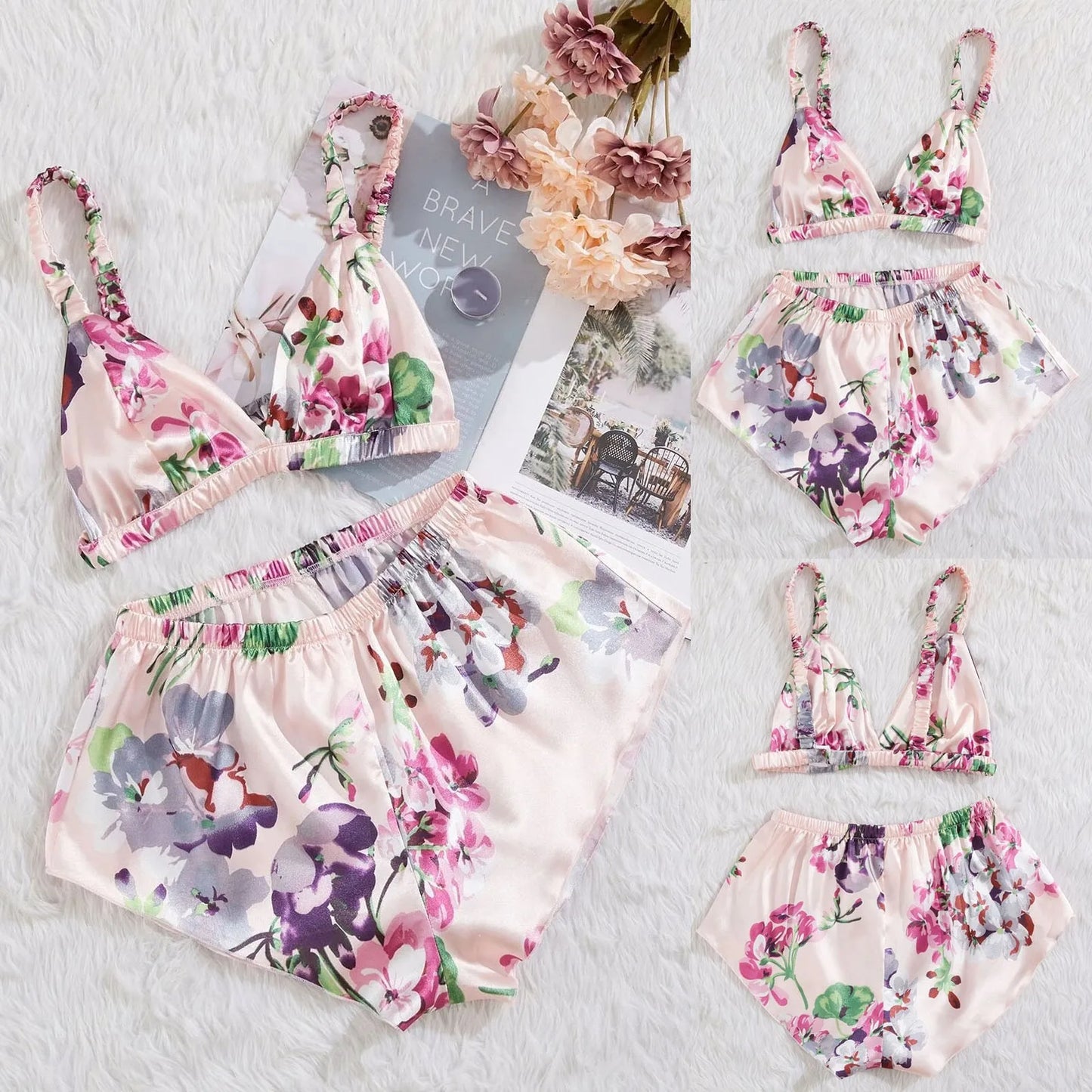 Lingeries Sets Sexy Satin Silk Lingerie Sleepwear Flower Printing Underwear