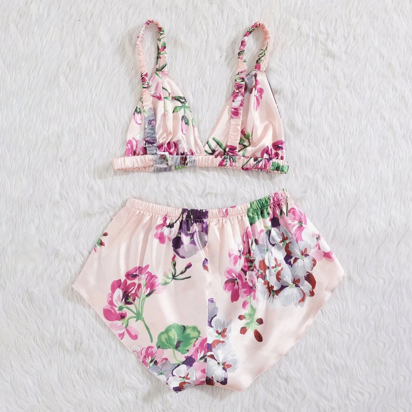 Lingeries Sets Sexy Satin Silk Lingerie Sleepwear Flower Printing Underwear