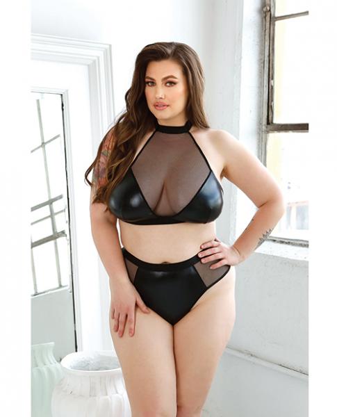 Curve Rebel Chain Back Wetlook Bra Top & Matching Thong Panty 3x/4x Black