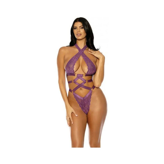 Camille Lace Halter Teddy With Lace Up Details - Purple L/xl