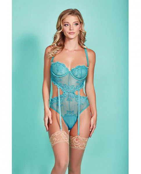 Riley Eyelash Lace Teddy W/side Cutouts Teal Md