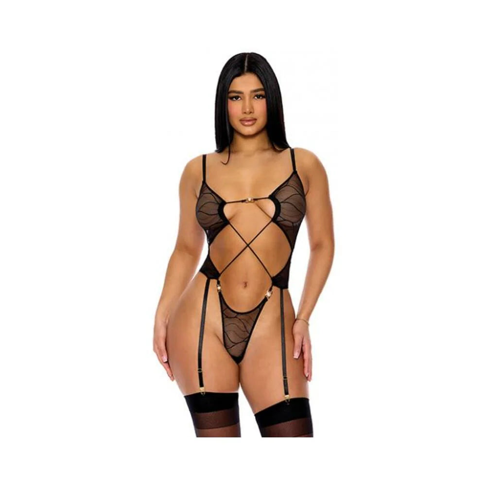 Pull My Strings Sheer Mesh Teddy W/garters & Faux Pearl Details - Black Md