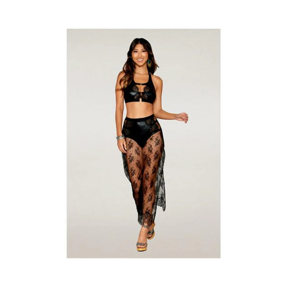Stretch Faux Leather And Eyelash Lace Bralette W/high-waisted Panty - Black Md