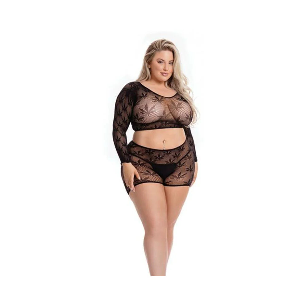 Pink Lipstick Leaf It To Me Long Sleeve Crop Top & Short Black Qn