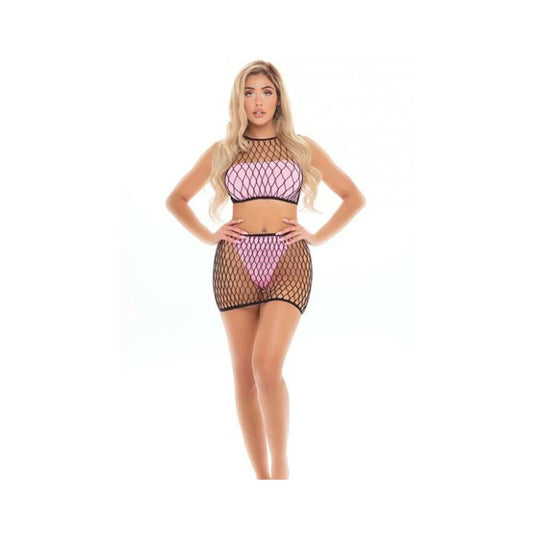 Pink Lipstick Crave You Large Fishnet Cami Top & Skirt, Bandeau Top & Panty Pink O/s