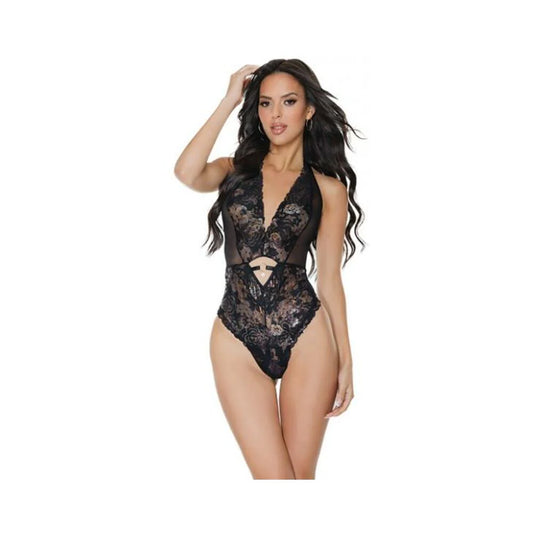 '=metallic Stretch Lace Crotchless Teddy Black/ Rose Gold O/s