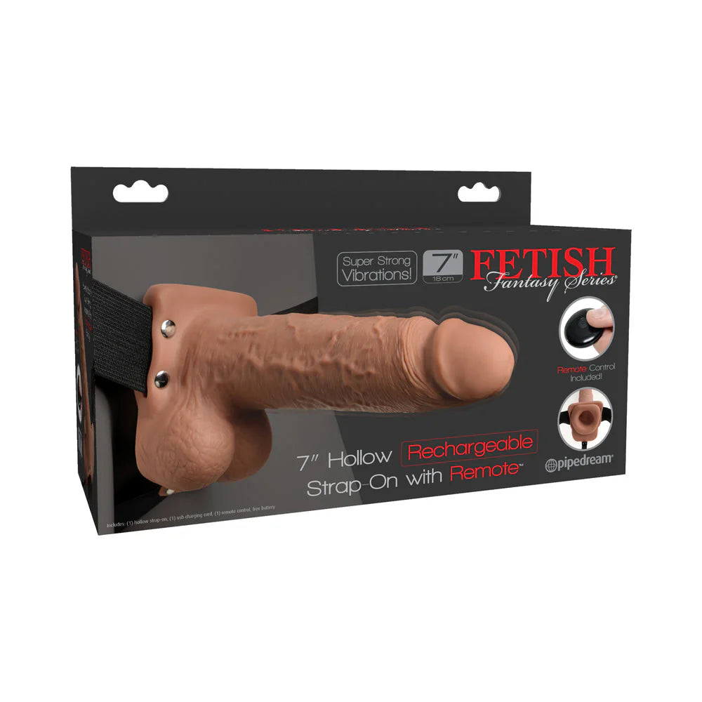 Fetish Fantasy 7in Hollow Rechargeable Strap-on With Remote, Tan