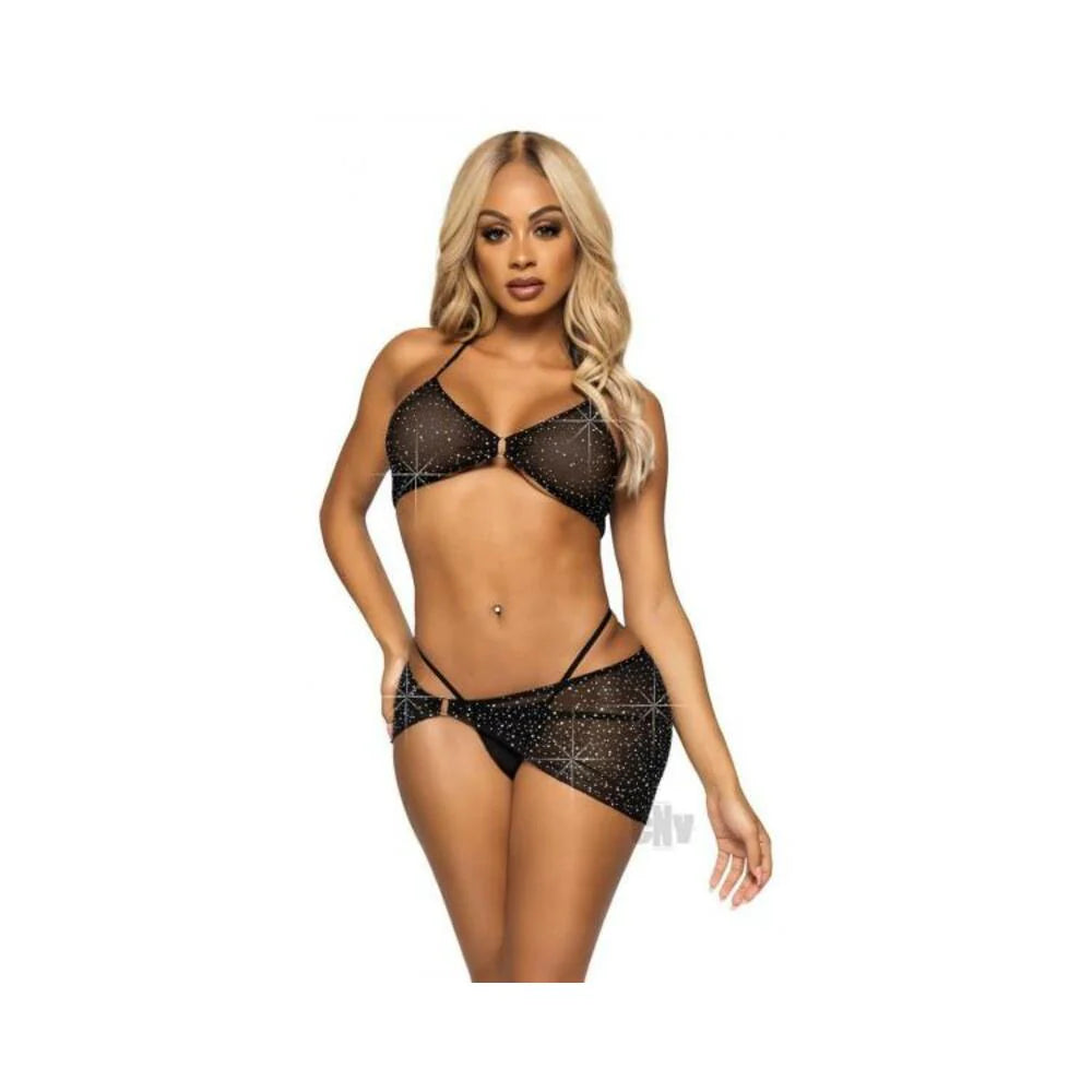Rhinestone Bra Gstring Sarong 3pc Lg Blk