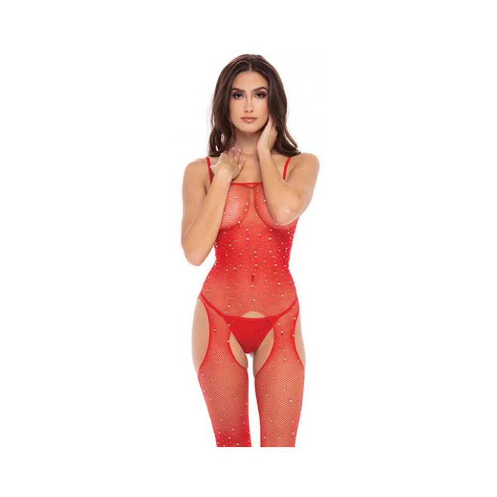 Rene Rofe Sparkle Crotchless Bodystocking Red O/s