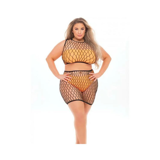Pink Lipstick Crave You Lrge Fshnet Cami Top,skrt,bandeau Top & Panty(fits Up To 3x)neon Orange Qn