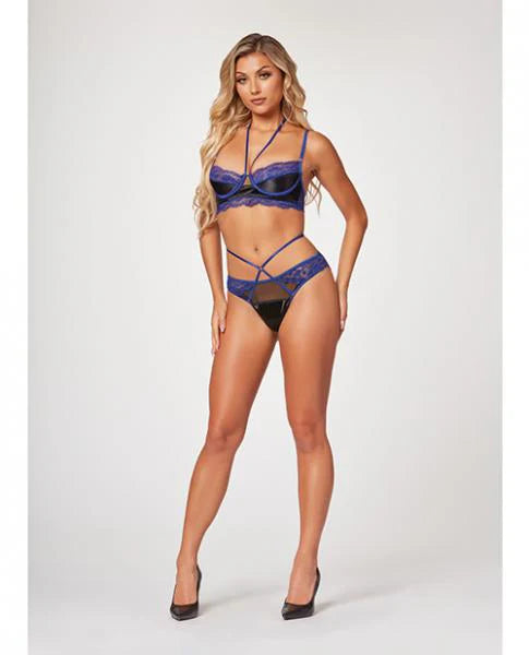 Stretch Satin & Eyelash Lace Demi Cup Bra & Panty Black/blue Lg