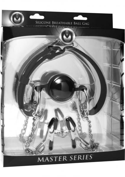 Hinder Breathable Silicone Ball Gag With Nipple Clamps